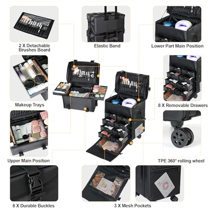 BEAUTY CASE 2 in 1 Rolling Makeup Case, Cosmetology Case on Wheels, Large Capacity Professional Makeup Bag with 8 Detachable Drawers for Makeup Artist & Hairstylist, Waterproof Oxford Fabric, Black