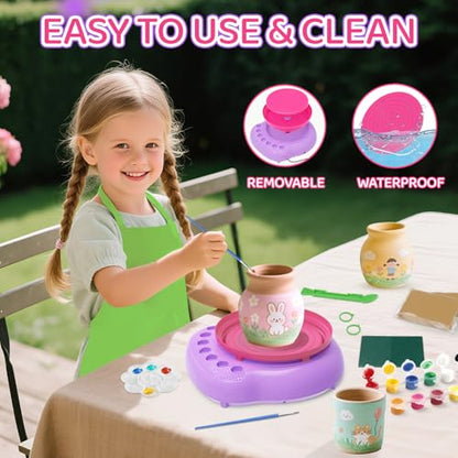 Cmiolacuna Pottery Wheel for Kids, Complete Kit with Air-Dry Clay，Ages 8-12 | Beginner pottery kit with air-dry clay, 12 paints, clay tools and apron - no kiln needed, screen-free craft gift ages 8-12 - color: Pink