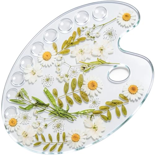 11 x 7.9 Inch Epoxy Dried Flower Painting Palette with Thumb Hole, Pressed Flower Paint Tray Pad, Resin Artist Pallet for Oil Watercolor Craft DIY Art Painting Palette
