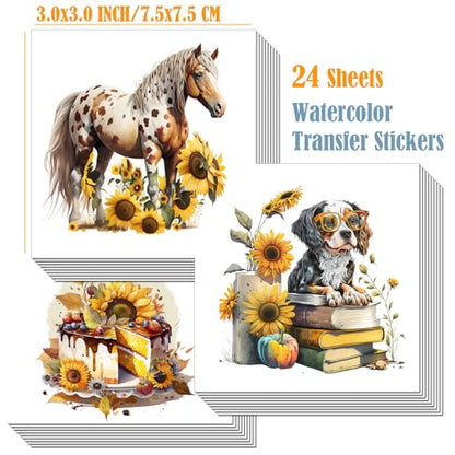ZMRU 24 Sheets of Watercolor Style Rub on Transfers for Crafts - Perfect for Glass, Porcelain, Leather, Canvas, and Fabric Projects - IOD Transfers Included,3 * 3inch (Sunflower Animal) - style: Sunflower Animal