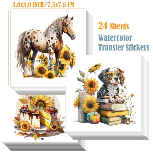 ZMRU 24 Sheets of Watercolor Style Rub on Transfers for Crafts - Perfect for Glass, Porcelain, Leather, Canvas, and Fabric Projects - IOD Transfers Included,3 * 3inch (Sunflower Animal) - style: Sunflower Animal