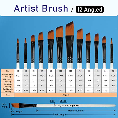 Falling in Art Paint Brushes Set, 12 PCS Nylon Professional Angled Paint Brushes for Watercolor, Oil Painting, Acrylic, Face Body Nail Art, Crafts, Rock Painting - size: 12 Pcs Angled Nylon