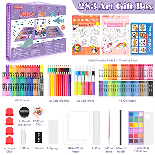 Soucolor Art Supplies, 283 Pieces Drawing Set Art Kits with Trifold Art Easel, 2 Drawing Pads, 1 Coloring Book, Crayons, Pastels, Arts and Crafts Gifts Case (Purple) - color: Purple