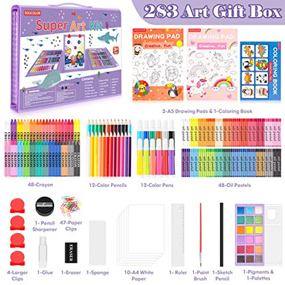 Soucolor Art Supplies, 283 Pieces Drawing Set Art Kits with Trifold Art Easel, 2 Drawing Pads, 1 Coloring Book, Crayons, Pastels, Arts and Crafts Gifts Case (Purple) - color: Purple