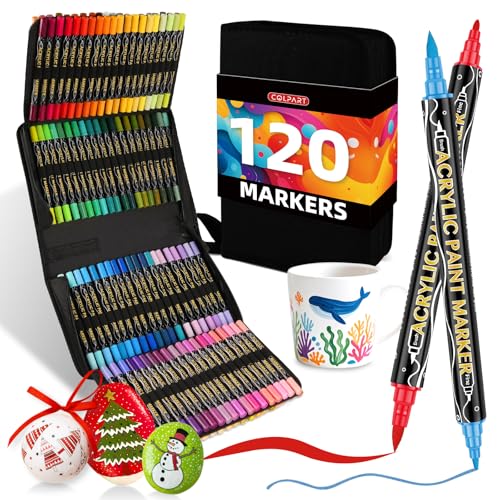 colpart 120 Colors Acrylic Paint Markers,Dual Tip Acrylic Paint Pens,Brush Tip and Fine Tip Markers For Rock Painting,Easter Decorations,Plastic,Easter Eggs,Canvas And Diy Crafts Art Supplies - style: Bag style(120Pack)
