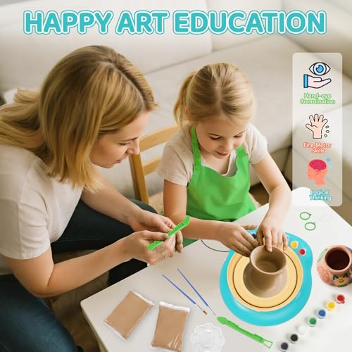 Cmiolacuna Pottery Wheel for Kids, Complete Kit with Air-Dry Clay，Ages 8-12 | Beginner pottery kit with air-dry clay, 12 paints, clay tools and apron - no kiln needed, screen-free craft gift ages 8-12 - color: Blue