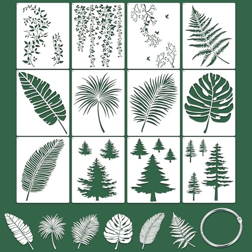 12 Pcs Large Tree Leaf Vine Stencils for Painting on Wood, Reusable Wood Burning Drawing Art Paint Stencil, Plant Tropical Leaves Templates for Home Wall Decor(Leaf) - style: Leaf