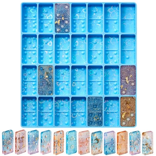 Patelai Domino Mold for Resin Domino Mold for Epoxy Candy Clay Chocolate Mould 28 Cavities Silicone Mould Pendant Epoxy Cake Jewelry Making Tool (Holographic, Blue) - size: Holographic