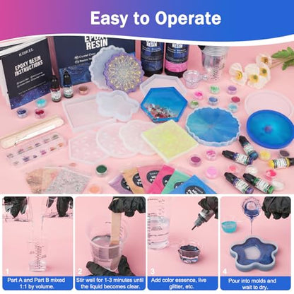 KISREL Epoxy Resin Kit for Beginners, 32oz Resin Kit with Coaster Molds, Complete Accessories Include Pigment, Mica Powders, Dried Flowers, Glitter, Measuring Cups and Other Resina Supplie - size: 32oz kit