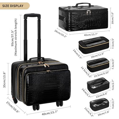 OCHEAL 18" Rolling Makeup Train Case Professional 2-in-1 Trolley Case | | Large Makeup Case, 6 Travel Cosmetic Bags, Pro Artists & Makeup Artists, Beauty Trolley Train Case - color: Black-2 in 1