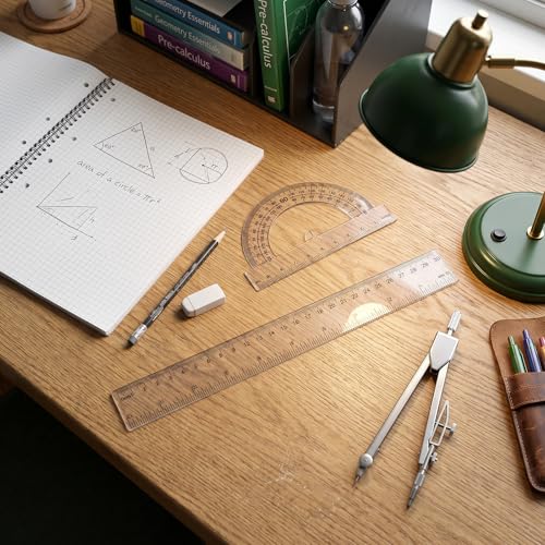 7 Pcs Geometry Ruler Protractor Compass Geometry Tool, Math Ruler Kit with 1 Metal Compass, Precision Drawing Tools for Drafting Architect Engineering