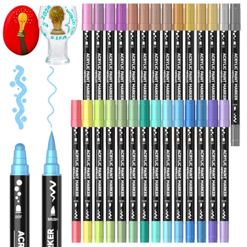 Shuttle Art 28 Metallic Colors Dual Tip Acrylic Paint Markers, Brush Tip and Dot Tip Acrylic Paint Pens for Rock, Ceramic, Wood, Canvas, Plastic, Glass, Stone, Calligraphy, Card, DIY Football Crafts - color: 28 Metallic Colors Brush Tip and Dot Tip