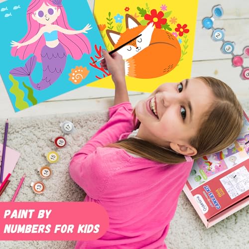 goldentime Kids Paint by Number Kits Including 6 Pre-Drawn Canvas for Painting, 6 Brushes 17 Paints and 2 Easels, Perfect Art Painting Kit, Arts and Crafts Painting for Kids Ages 8-12 - color: fantasy