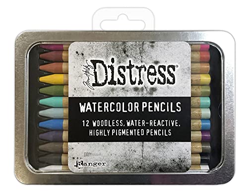 Ranger Ink Tim Holtz Distress Watercolor Pencils - Set 1 - Pack of 12 - and Detailer Water Brush
