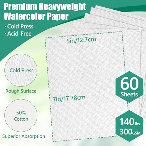 60 Sheets 5x7 Watercolor Paper Bulk, 140lbs/300gsm Cold Press Water Color Paper, 50% Cotton Watercolors Paper, Acid-Free Natural White Paint Paper-Set as Art Supplies