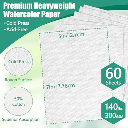60 Sheets 5x7 Watercolor Paper Bulk, 140lbs/300gsm Cold Press Water Color Paper, 50% Cotton Watercolors Paper, Acid-Free Natural White Paint Paper-Set as Art Supplies