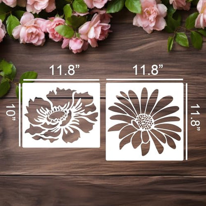 Large Flower Stencils for Painting on Wood 11.8” Fence Flower Stencils for Outdoors Reusable Floral Stencil for Painting on Wall Canvas Fabric Furniture Window - style: Flowers