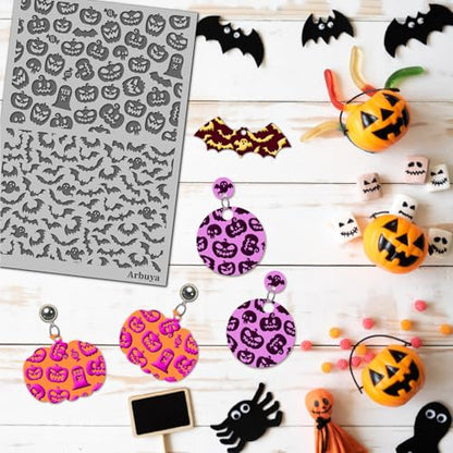 Pumpkin Spooky Bat Polymer Clay Texture Sheets for Earring Jewerly Making,Skulls Spider Web Texture Mat for Clay Projects Earrings Tools，4pcs/Pack - style: 4 Sheets
