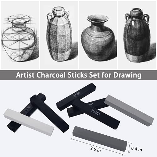 24 Pcs Compressed Charcoal Sticks with Soft, Medium, Hard and White Charcoal, Square Vine Charcoal Stick Kit for Drawing, Sketching and Shading, Art Supplies for Artists Beginners