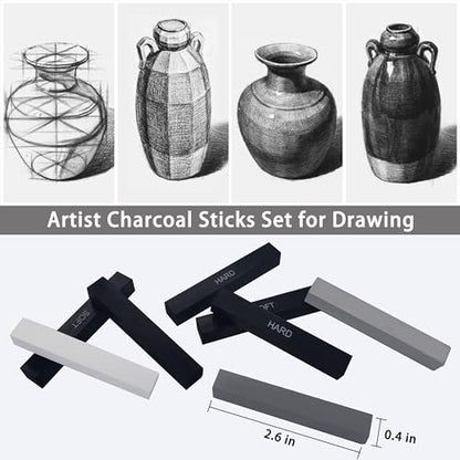 24 Pcs Compressed Charcoal Sticks with Soft, Medium, Hard and White Charcoal, Square Vine Charcoal Stick Kit for Drawing, Sketching and Shading, Art Supplies for Artists Beginners