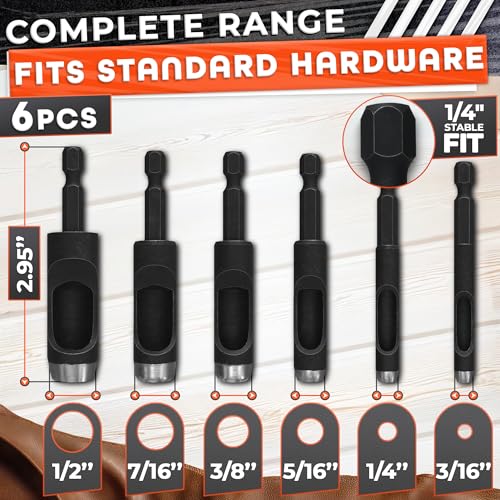 6 Pcs Leather Hole Punch Set — Belt Hole Puncher for Leather Belts, Watch Bands, Soft Plastic, DIY Crafts — Carbon Steel Hollow Punches for Drill 3/16" 1/4" 5/16" 3/8" 7/16" 1/2", Case Not Included