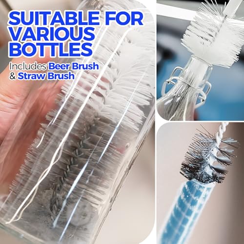 Holikme 10 Pack Bottle Brush Cleaner Set, 15" Long Handle Bottle Cleaner Brush, Flexible Long Handle Water Bottle Brush for Narrow Neck Beer Wine, 8 Straws, Abrasive Spiral Brushes, White Grey