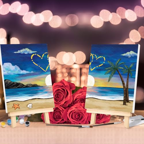 VOCHIC Sip and Paint Kit for Adult,2 Pack Pre Drawn Canvas Couple Painting Kit Date Night Couples Paint Art Set with Outline Canvas Valentine (Beach and Heart, 8 x 10 Inches) - style: Beach and Heart