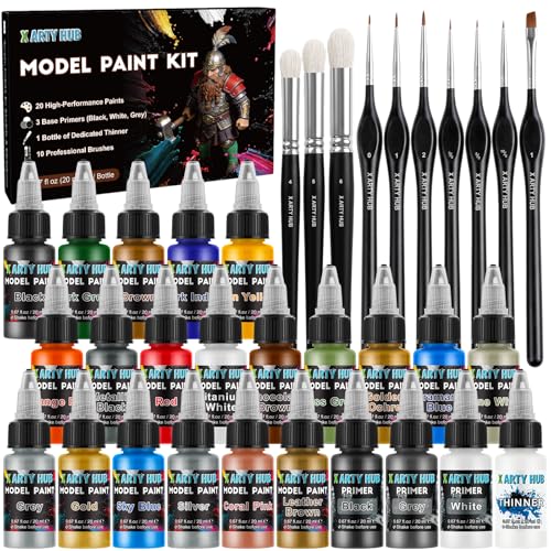 Model Paint Set, 34-Piece Miniature Painting Kit for Figures, 20 Acrylic Paints with 10 Brushes, 3 Primers, 1 Thinner, Complete Hobby Paint Set for Model Car, Miniature & Tabletop Wargaming