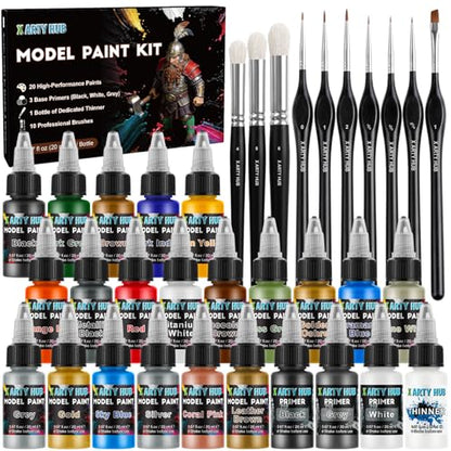 Model Paint Set, 34-Piece Miniature Painting Kit for Figures, 20 Acrylic Paints with 10 Brushes, 3 Primers, 1 Thinner, Complete Hobby Paint Set for Model Car, Miniature & Tabletop Wargaming
