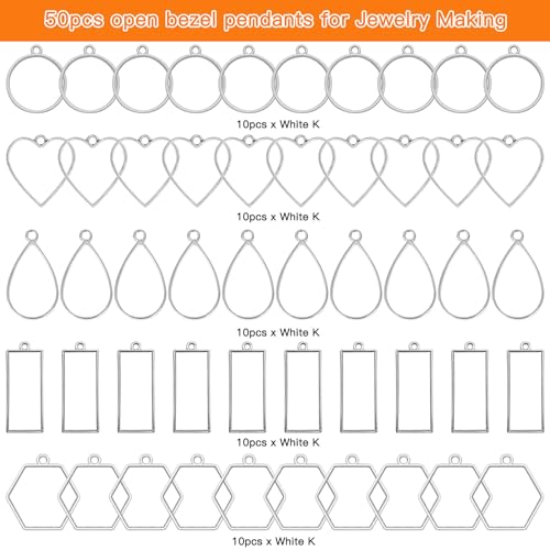 50pcs Open Bezels 5 Styles Open Frame Pendant Open Back Bezel Pendants Geometric Hollow Frame Pendant for Resin Casting, Necklace, Earrings, Pressed Flower, DIY Crafts(White K) - color: 50pcs;White K;5 Styles;B