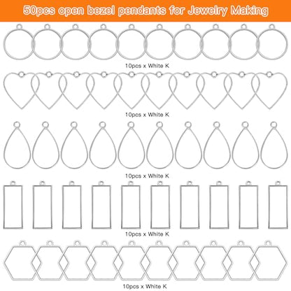 50pcs Open Bezels 5 Styles Open Frame Pendant Open Back Bezel Pendants Geometric Hollow Frame Pendant for Resin Casting, Necklace, Earrings, Pressed Flower, DIY Crafts(White K) - color: 50pcs;White K;5 Styles;B