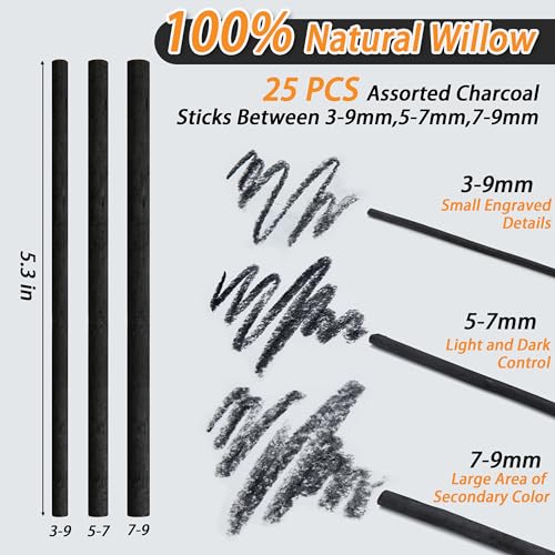Willow Charcoal Sticks, Natural Willow Charcoal Pencils for Artists, Beginners, Students, Great for Sketching, Drawing, and Shading, Pack of 25 (3-9, Millimeters) - style: 3-9mm