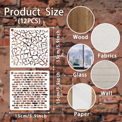 12 Sheets Mottled Brick Texture Stencils for Painting, 12 Styles Branch Cell Geometric Pattern Stencil Template Abstract Texture Stencils for Painting on Wall Wood Home Decor - style: Brick Wall Texture