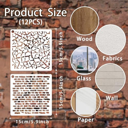 12 Sheets Mottled Brick Texture Stencils for Painting, 12 Styles Branch Cell Geometric Pattern Stencil Template Abstract Texture Stencils for Painting on Wall Wood Home Decor - style: Brick Wall Texture