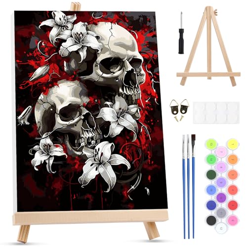 MXJSUA Skulls and Lilies Framed Paint by Numbers Kit for Adults Beginner with Wooden Easel, Adults' Paint-by-Numbers on Canvas, Easy DIY Acrylic Number Painting for Home Decor Gifts, 8x12 inch - color: Skulls and Lilies