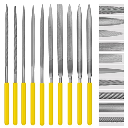Needle File Set, 10 Pieces Hand Metal Files, Hardened Alloy Strength Steel Set Includes Flat, Round, Half-Round, Triangular, Square, Oval, Crossing, and Barrette File - color: Yellow-10pcs