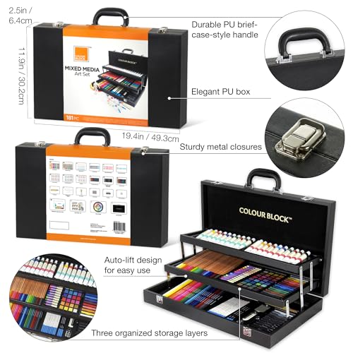 COLOUR BLOCK 181-Piece Mixed Media Art Set in PU Leather Case for Drawing Sketching Painting, Soft Oil Pastels, Acrylic Watercolor Paints, Pencils, Art Supplies Kit for Artists, Professional, Adults, Beginner