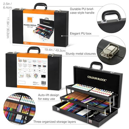 COLOUR BLOCK 181-Piece Mixed Media Art Set in PU Leather Case for Drawing Sketching Painting, Soft Oil Pastels, Acrylic Watercolor Paints, Pencils, Art Supplies Kit for Artists, Professional, Adults, Beginner