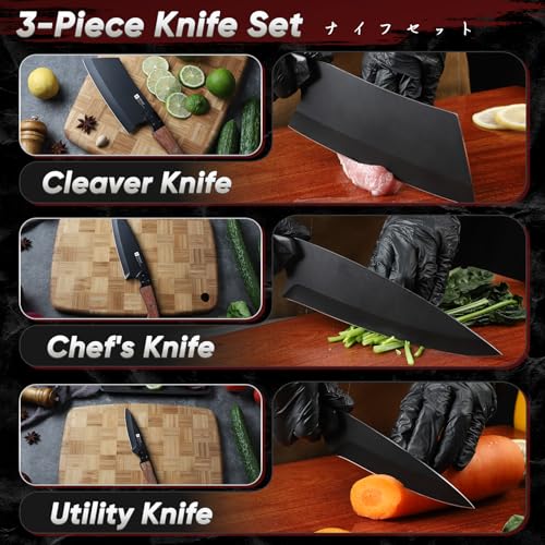 TIVOLI Kitchen Knife Set 3pcs - Chef Knife Set with Full Tang Wooden Handle - Cleaver, Chef, Kitchen Utility Knives for Meat, Vegetables and Fruit - Cooking Gifts for Men and Women - size: 8