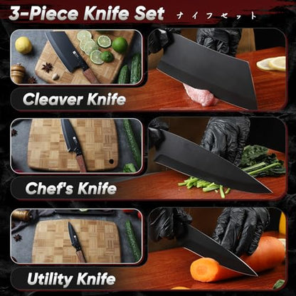 TIVOLI Kitchen Knife Set 3pcs - Chef Knife Set with Full Tang Wooden Handle - Cleaver, Chef, Kitchen Utility Knives for Meat, Vegetables and Fruit - Cooking Gifts for Men and Women - size: 8