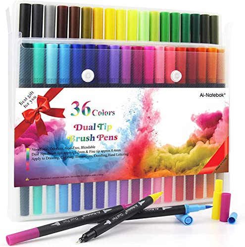 ai-natebok Dual Brush Marker Pens, Coloring Pens, 36 Colors 0.4 Fine Tip Markers & Brush Pen for Adult Coloring Books Bullet Journal Note Taking Writing Planning Art Project