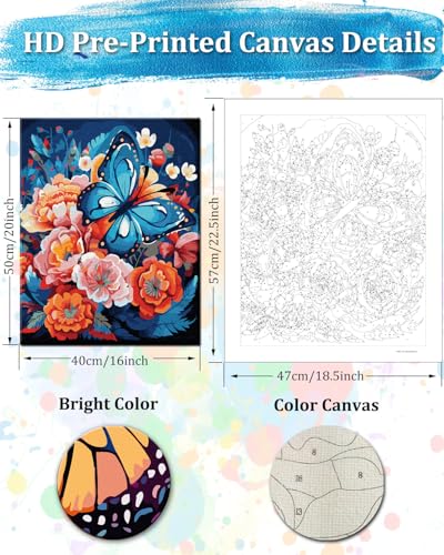 TOCARE Butterfly Paint by Numbers Kit for Adults Beginners, Flowers Paint by Number Butterfly, Adults’ Paint-by-Number Kits on Canvas 16x20inch - color: Butterfly Floral