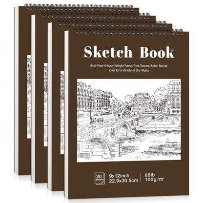 4 Pack Sketch Book, 9 x 12 Inch Sketchbook, 68lb/100gsm Top Spiral Bound Sketch Pad, Acid Free Art Supplies Drawing Painting Sketching Paper for Kids, Beginners, Artists (Tan) - color: Tan, size: 9 × 12Inch（4 Pack）