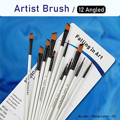 Falling in Art Paint Brushes Set, 12 PCS Nylon Professional Angled Paint Brushes for Watercolor, Oil Painting, Acrylic, Face Body Nail Art, Crafts, Rock Painting - size: 12 Pcs Angled Nylon