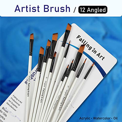 Falling in Art Paint Brushes Set, 12 PCS Nylon Professional Angled Paint Brushes for Watercolor, Oil Painting, Acrylic, Face Body Nail Art, Crafts, Rock Painting - size: 12 Pcs Angled Nylon