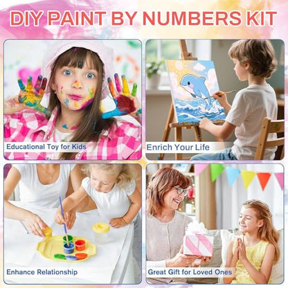 WEMEON Dolphin Paint by Numbers Kit for Kids with Frame and Easel, Easy Paint by Numbers Kits for Kids Ages 4-6, Small Painting by Number for Birthday Gift, Painting Party(10X10inch) - color: DMBK-0010-US(10X10inch)