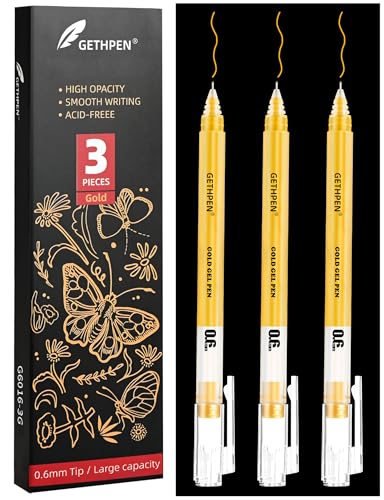 GETHPEN 0.6mm Fine Point Gold Gel Pens, 3-Pack for Artists Drawing on Black Paper, Sketching, Adult Coloring Books & Holiday Crafts - size: 0.6 mm, style: 3 Pack Gold