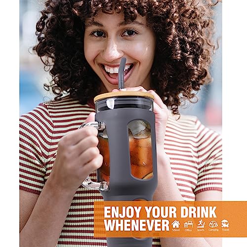 WINSA Glass Tumbler with Lid and Straw, 46 oz Iced Coffee Cup with Handle, Large Water Bottles with Silicone Sleeve, Glass Cup with Straws - Pearl Straw & Drinking Straw BPA Free-Grey - color: Gray, size: 46 Ounces