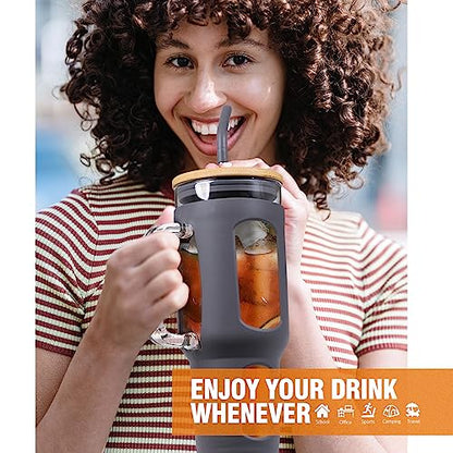 WINSA Glass Tumbler with Lid and Straw, 46 oz Iced Coffee Cup with Handle, Large Water Bottles with Silicone Sleeve, Glass Cup with Straws - Pearl Straw & Drinking Straw BPA Free-Grey - color: Gray, size: 46 Ounces