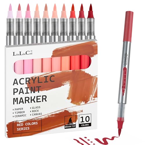 10 Pcs Red Tone Acrylic Markers Paint Pens, Water Based Acrylic Paint Pen, Brush Tip Art Markers for Pumpkin, Christmas Art, Rock Painting, Wood, Canvas, Glass, Fabric, Egg, DIY Craft, No Bleeding - color: 10 Red